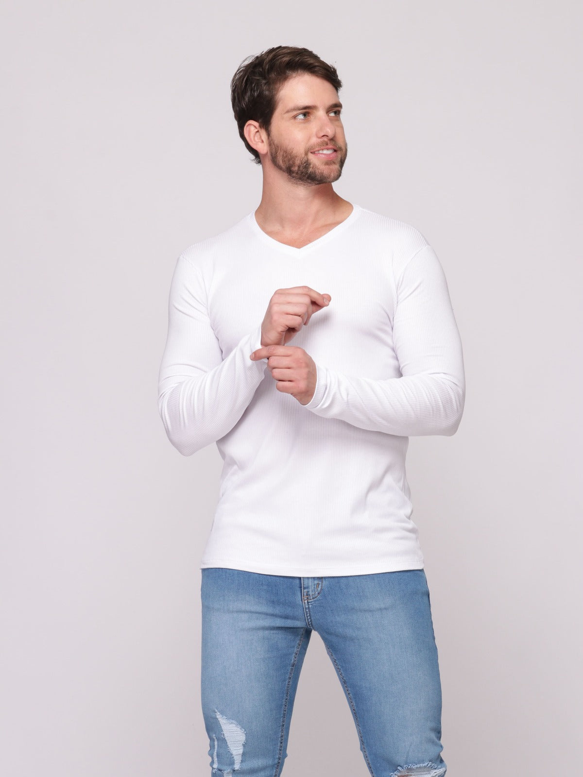 Camiseta Manga Longa Canelada Gola V