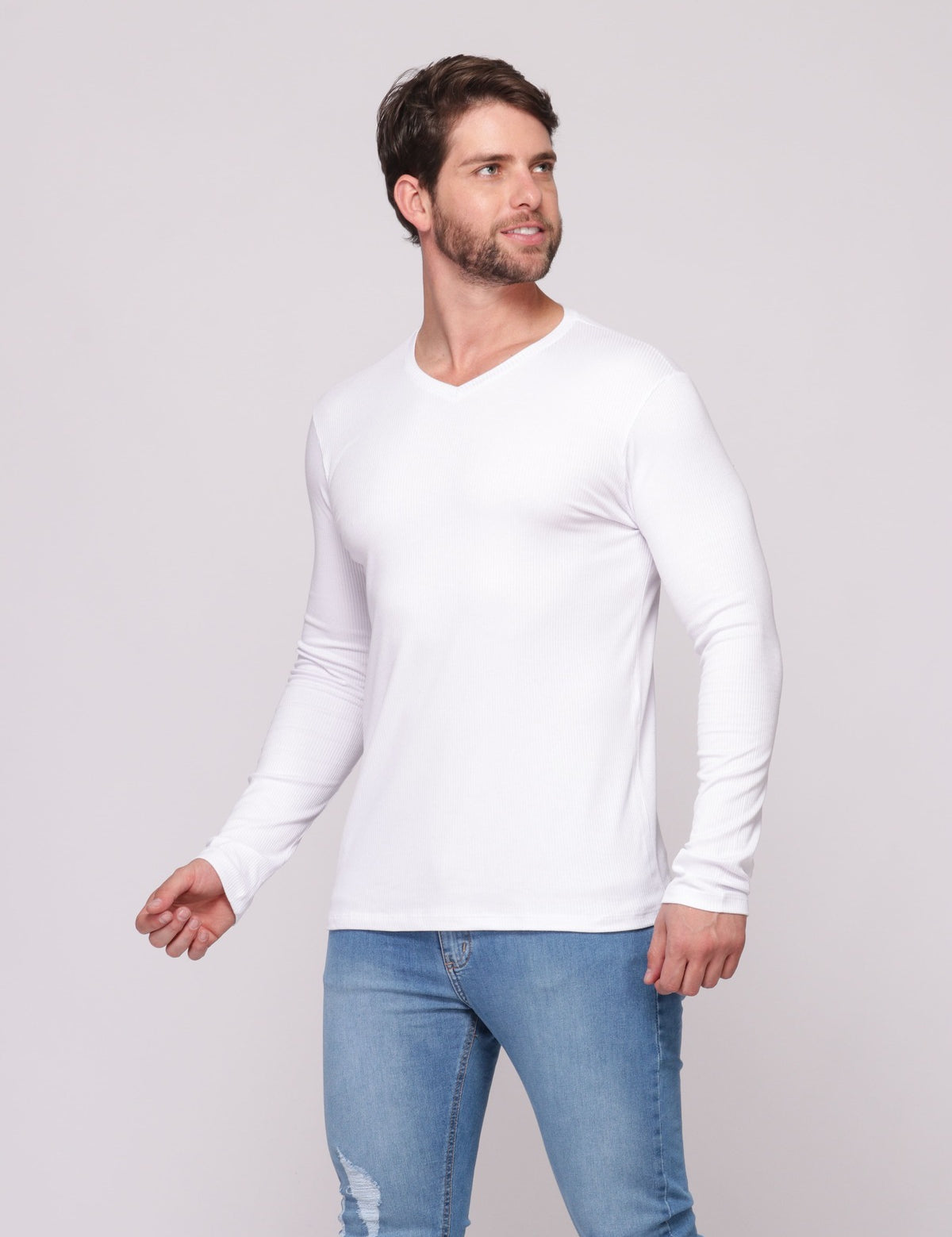 Camiseta Manga Longa Canelada Gola V