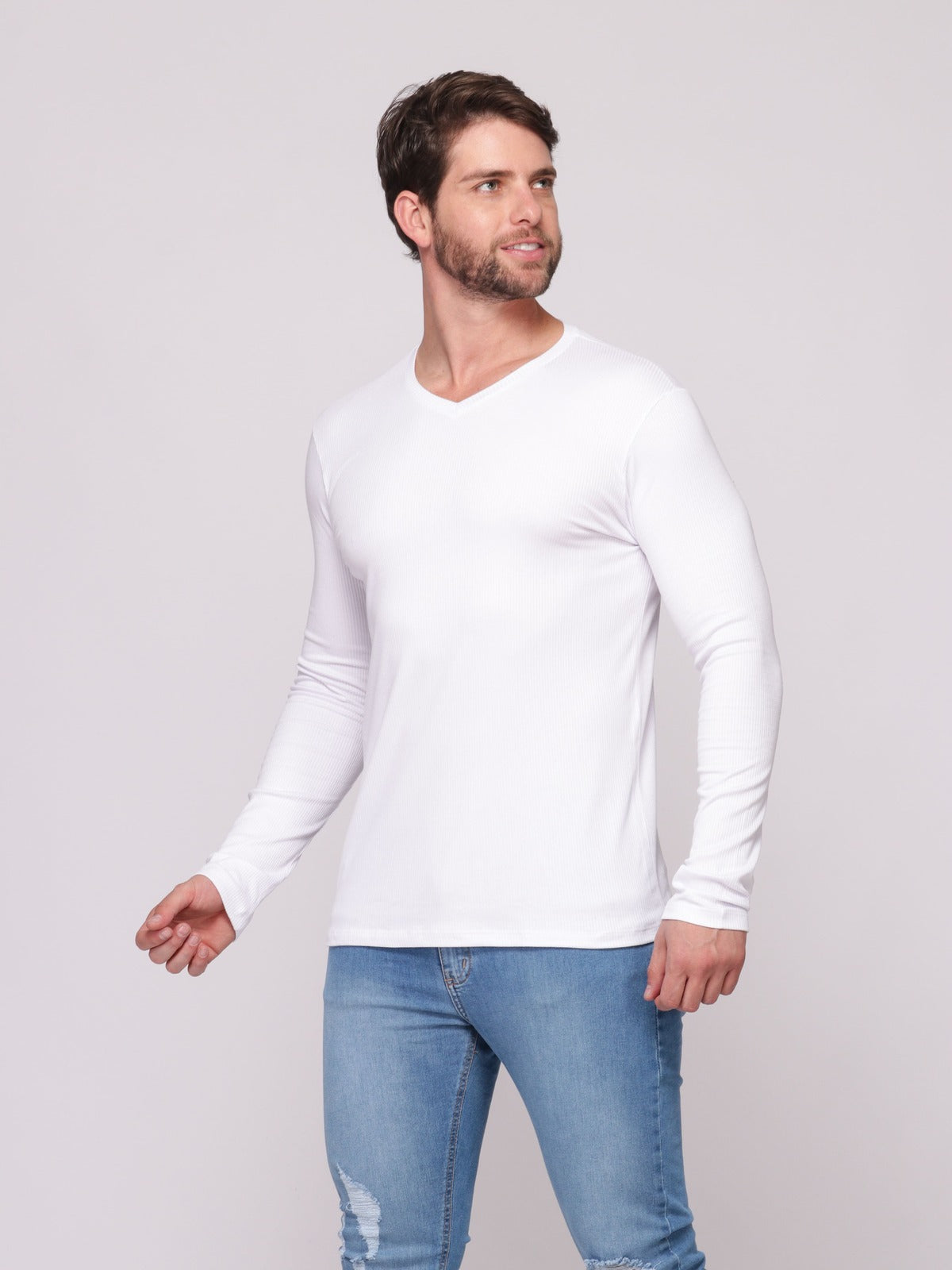 Camiseta Manga Longa Canelada Gola V