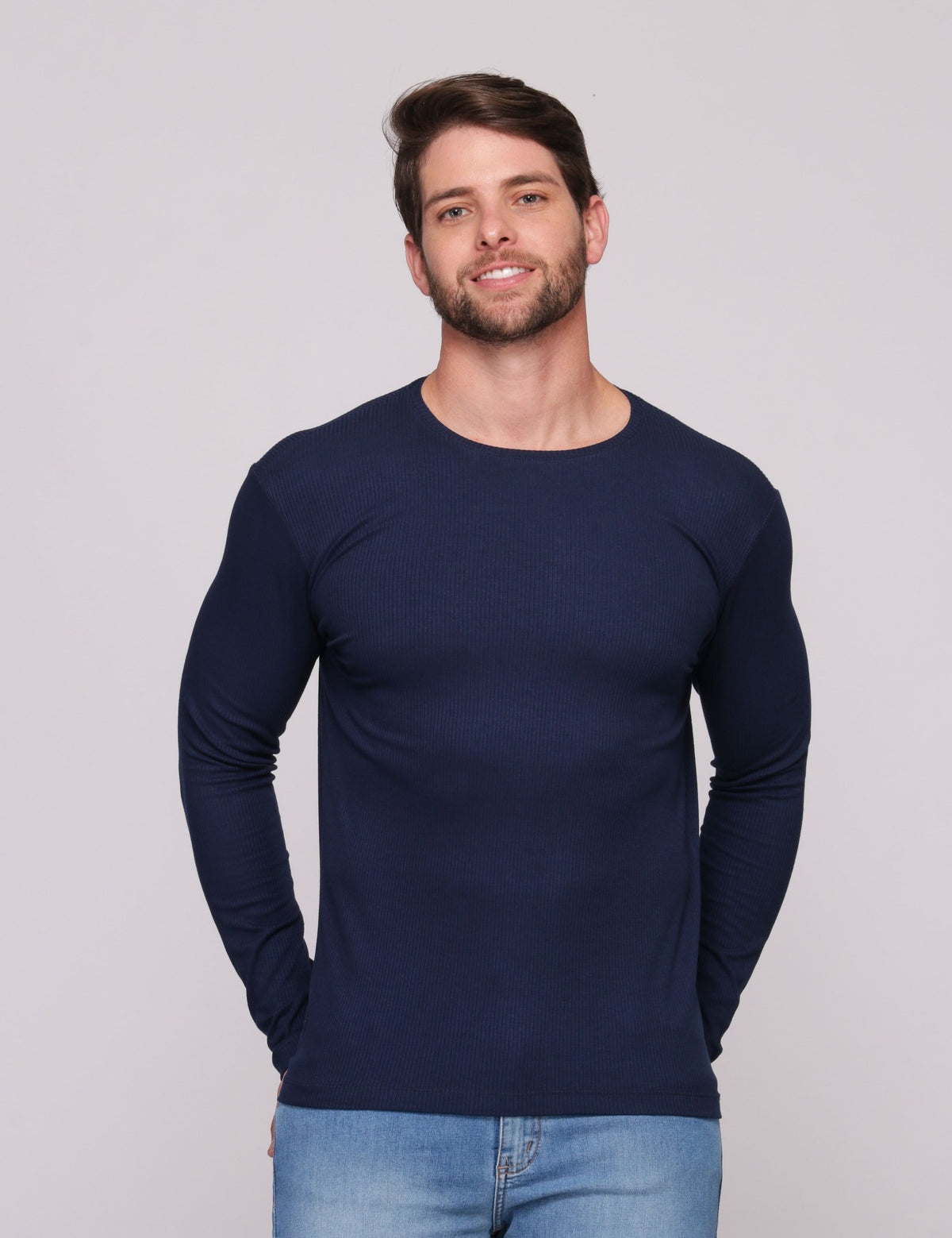 Camiseta Manga Longa Canelada Gola Redonda