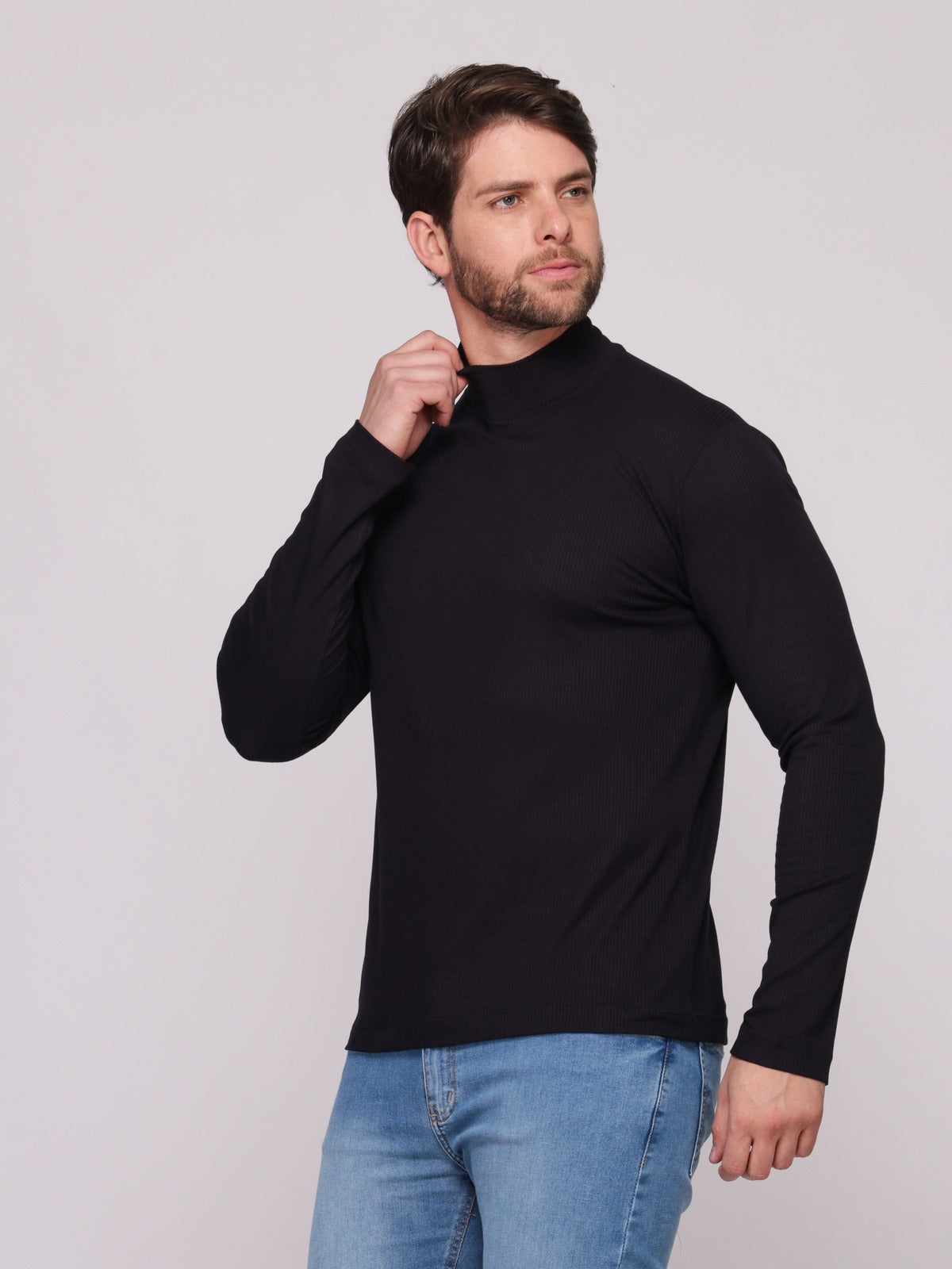 Camiseta Manga Longa Canelada Gola Alta