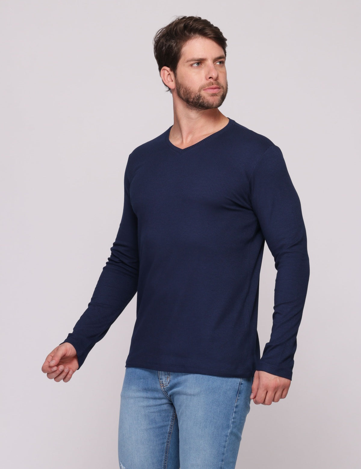 Camiseta Manga Longa Canelada Gola V