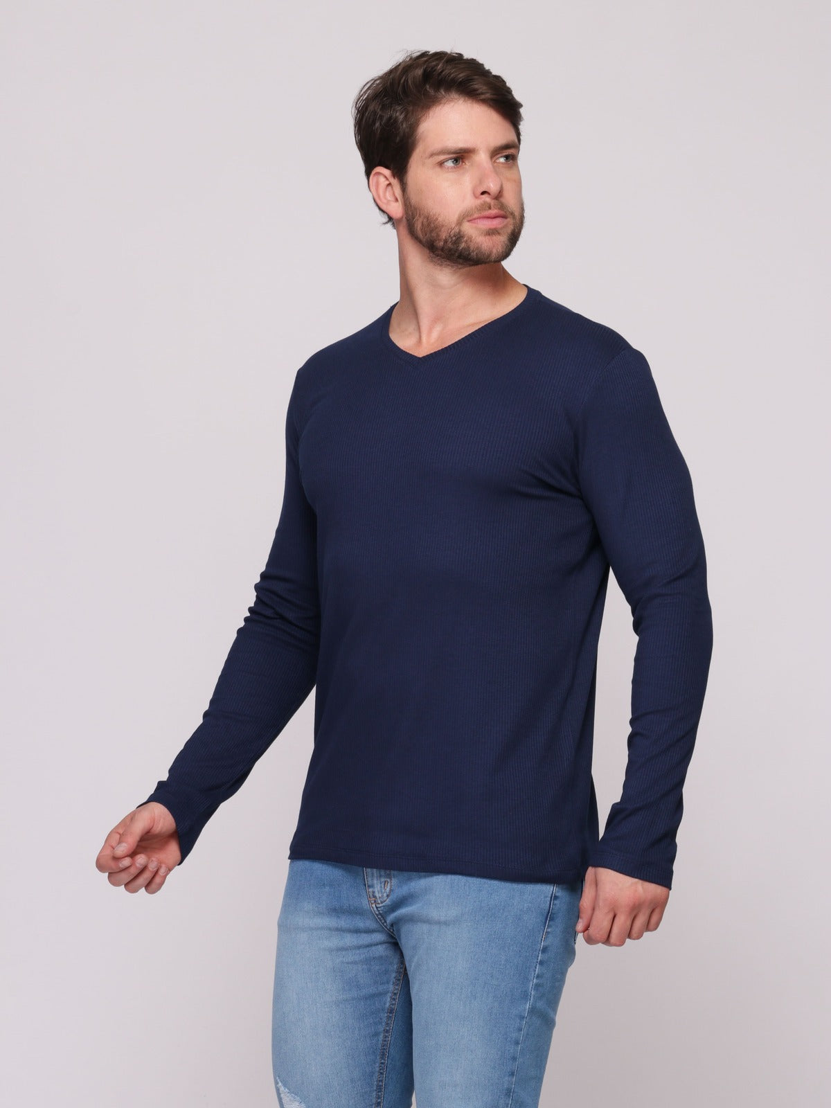 Camiseta Manga Longa Canelada Gola V